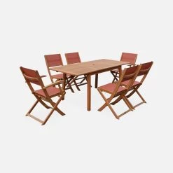 Table De Jardin Extensible Bois , 6 Chaises Couleur : Bois / Terra Cotta -Outdoor Living Soldes EC180R6TC 01