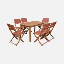 Table De Jardin Extensible Bois , 6 Chaises Couleur : Bois / Terra Cotta -Outdoor Living Soldes EC180R6TC 02