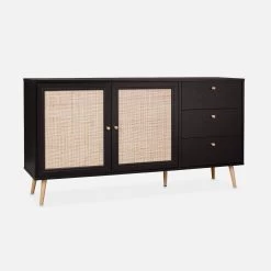 Buffet Scandinave Effet Bois Et Cannage 2 Portes 150 Cm Couleur : Noir 10 Buffet Scandinave Effet Bois Et Cannage 2 Portes 150 Cm Couleur : Noir -Outdoor Living Soldes IBOSIDEBOAXLBK 01