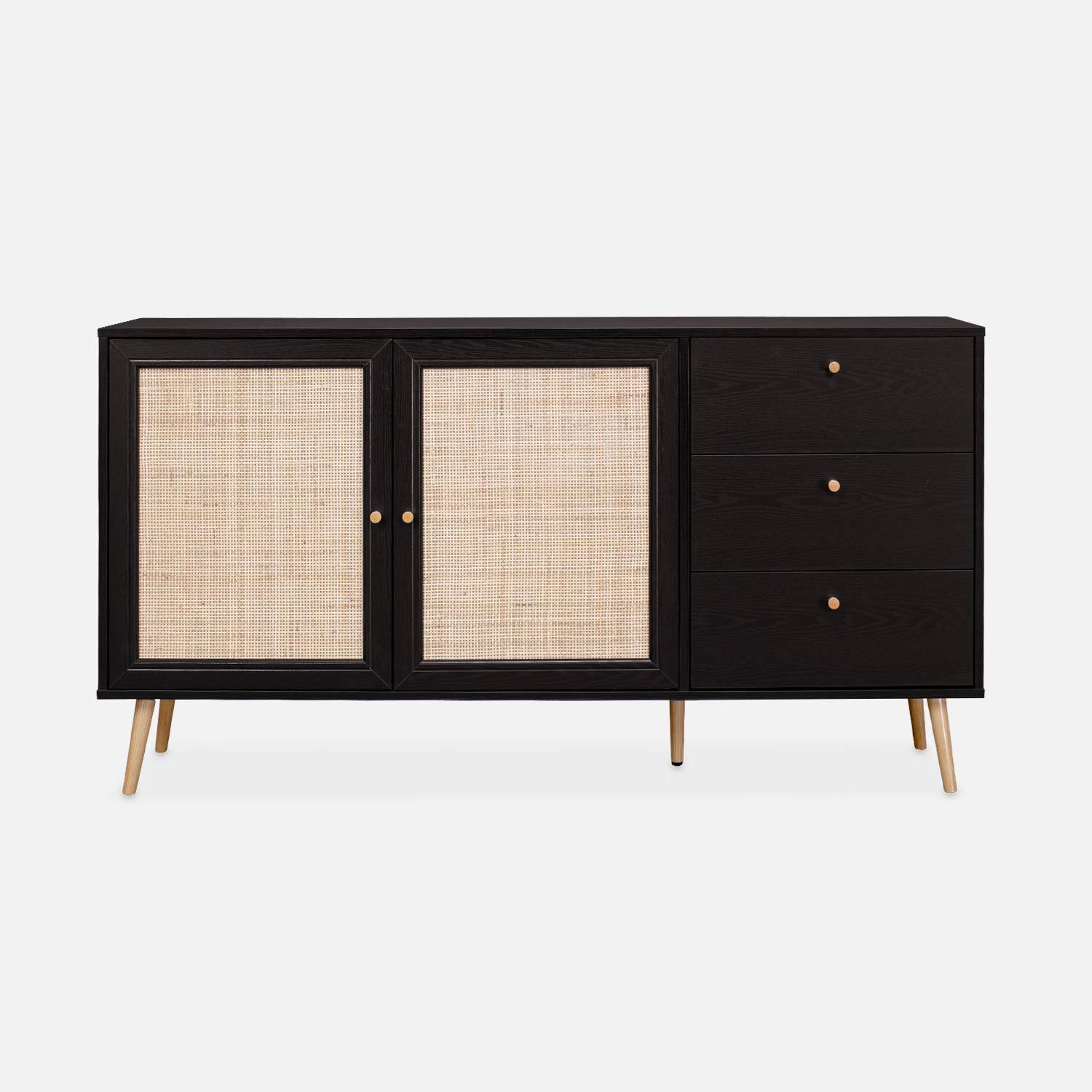 Buffet Scandinave Effet Bois Et Cannage 2 Portes 150 Cm Couleur : Noir 6 Buffet Scandinave Effet Bois Et Cannage 2 Portes 150 Cm Couleur : Noir – Image 4