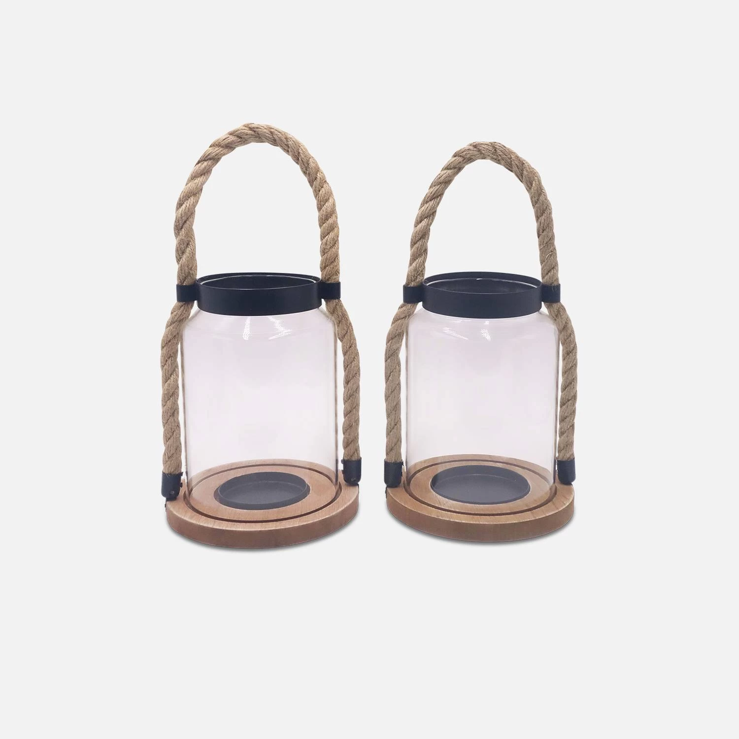 Lanterne En Verre, Anse En Corde Intérieur/extérieur (lot De 2) 3 Lanterne En Verre, Anse En Corde Intérieur/extérieur (lot De 2)
