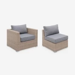 Salon De Jardin Résine Tressée Arrondie 5 Places Couleur : Naturel / Gris Foncé -Outdoor Living Soldes WKVS007NATGY 02