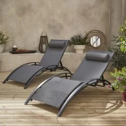Bain De Soleil Aluminium Textilène, Multi Positions (lot De 2) Couleur : Anthracite / Gris