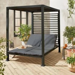 Lit De Jardin Aluminium, 2 Matelas Inclinables, Toit Avec Panneaux Amovibles Couleur : Anthracite / Anthracite