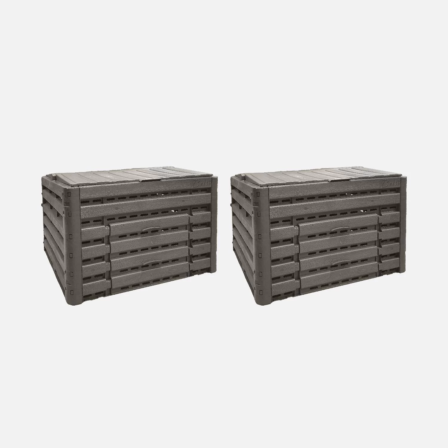 Lot De 2 Composteurs De Jardin Noirs, Plastique Recyclé, Double Ouverture, 400L 3 Lot De 2 Composteurs De Jardin Noirs, Plastique Recyclé, Double Ouverture, 400L