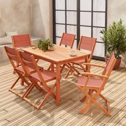 Table De Jardin Extensible Bois , 6 Chaises Couleur : Bois / Terra Cotta -Outdoor Living Soldes ec180r6tc 6d5fc2a6bf217bad0aa8189a8e20d3d3