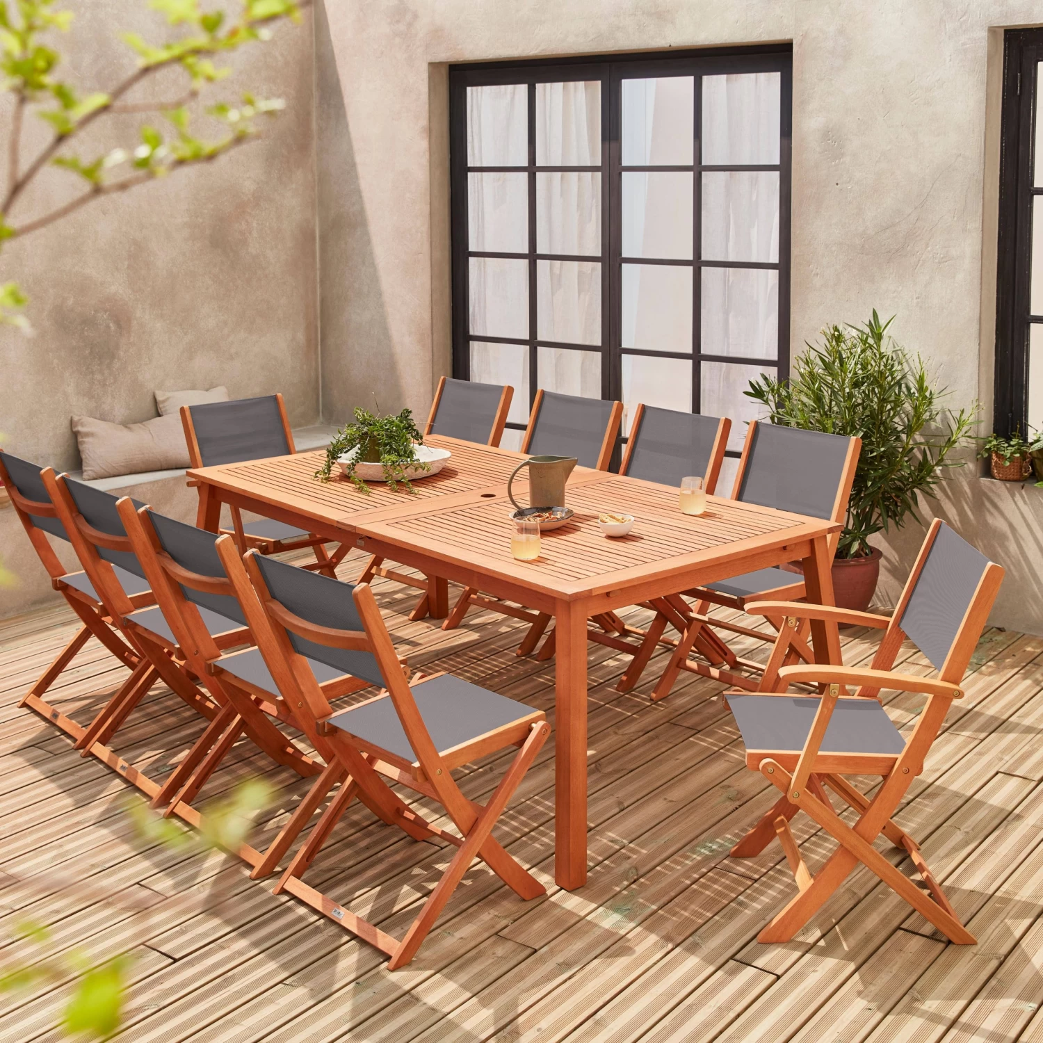Table De Jardin Extensible Bois, 10 Chaises Couleur : Bois / Anthracite 4 Table De Jardin Extensible Bois, 10 Chaises Couleur : Bois / Anthracite – Image 2