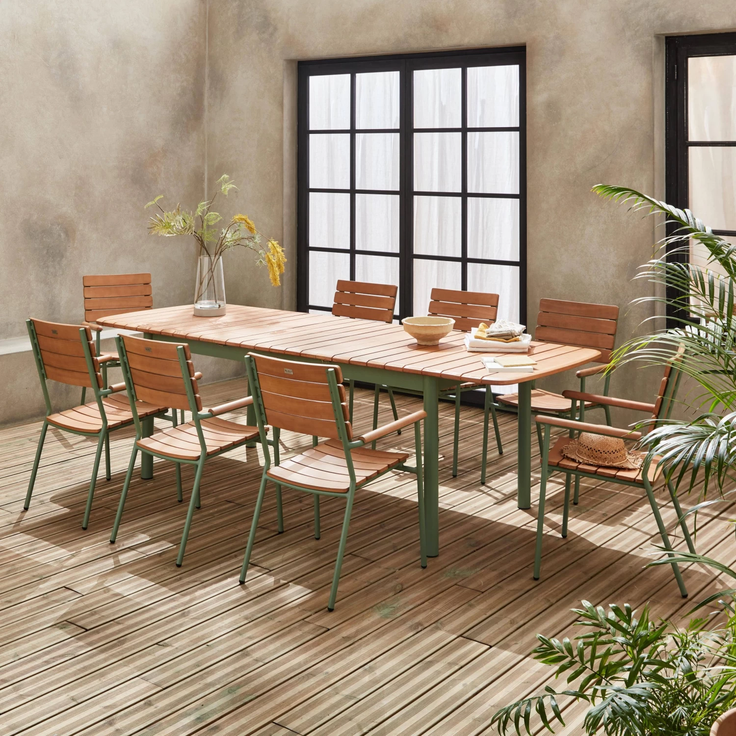 Table De Jardin Extensible Bois Et Aluminium 190/253 Cm, 8 Chaises Empilables 3 Table De Jardin Extensible Bois Et Aluminium 190/253 Cm, 8 Chaises Empilables