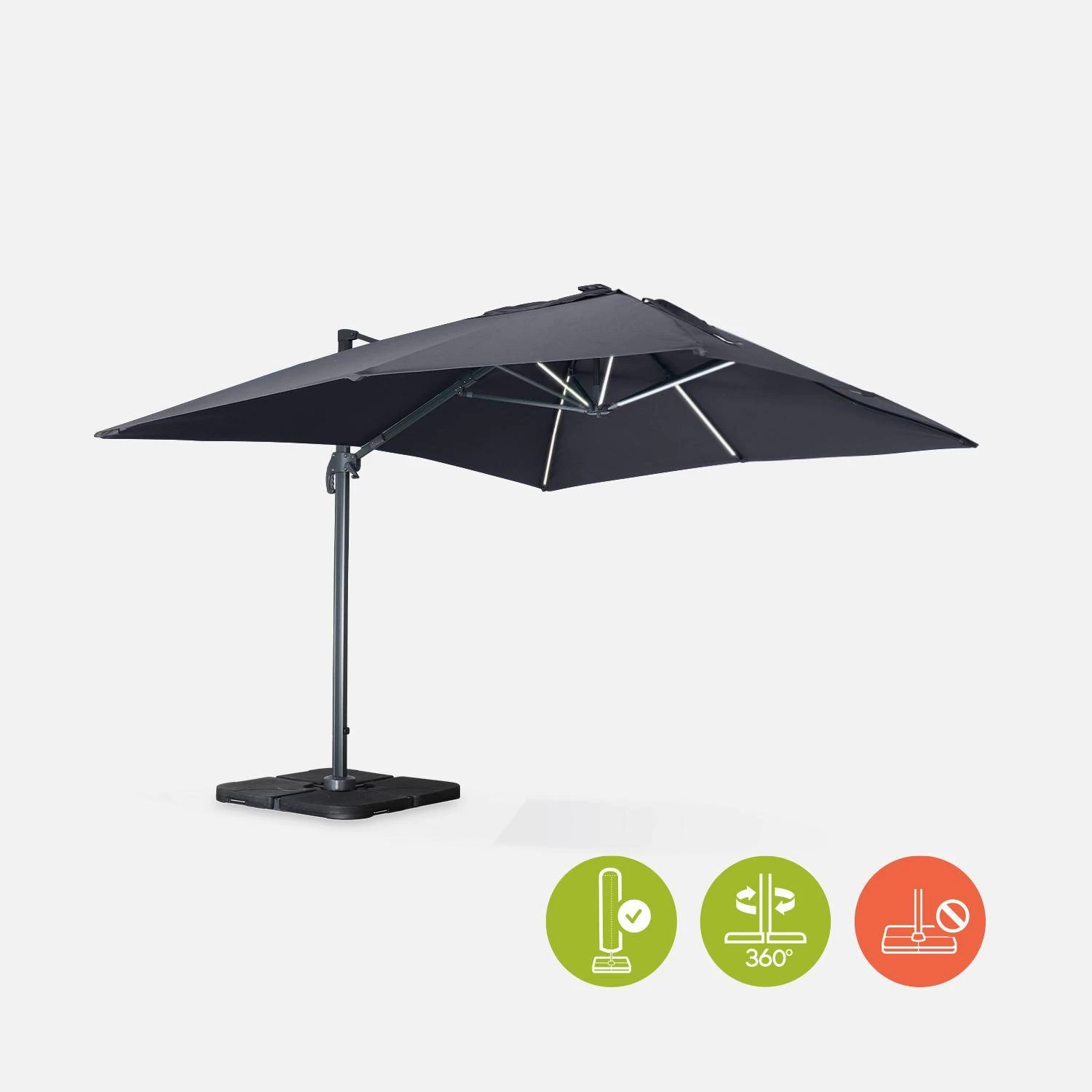 Parasol LED Déporté Rectangulaire 3x4m Couleur : Gris 4 Parasol LED Déporté Rectangulaire 3x4m Couleur : Gris – Image 2