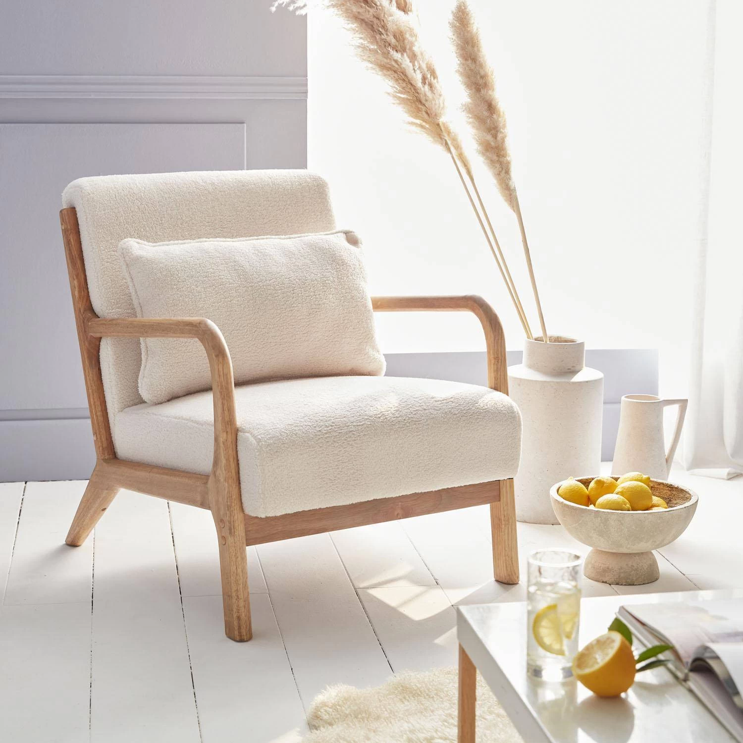 Fauteuil Scandinave En Bois Et Tissu Bouclette 3 Fauteuil Scandinave En Bois Et Tissu Bouclette