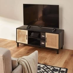 Meuble TV Scandinave Bois Et Cannage 115 Cm