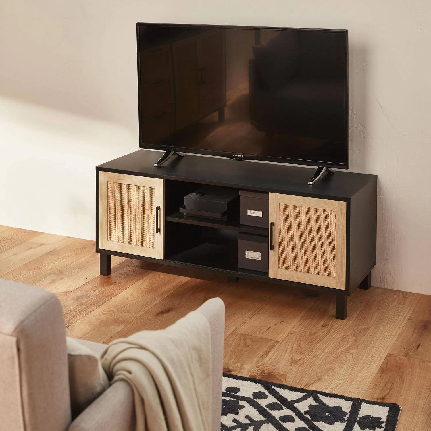 Meuble TV Scandinave Bois Et Cannage 115 Cm 3 Meuble TV Scandinave Bois Et Cannage 115 Cm
