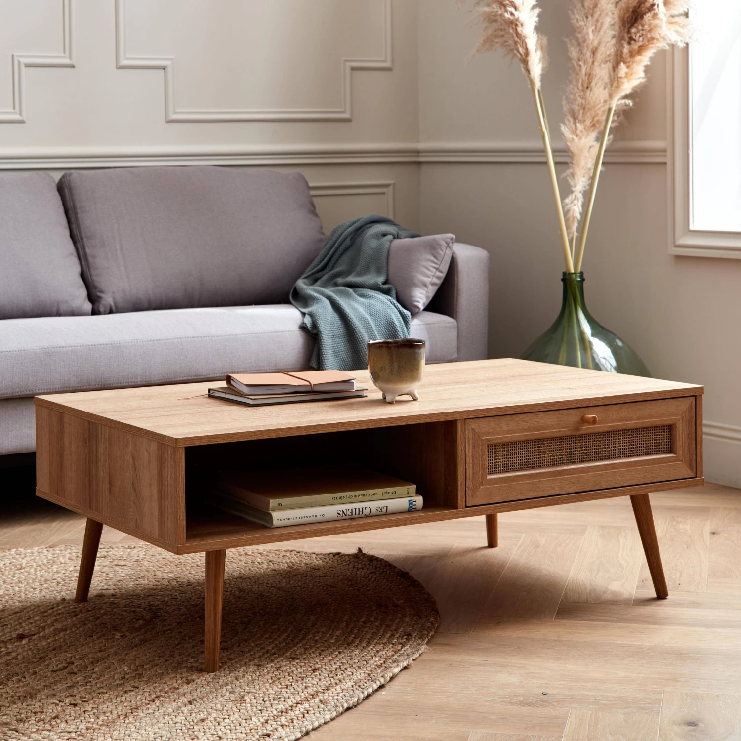 Table Basse Scandinave En Cannage, 1 Tiroir Couleur : Naturel 3 Table Basse Scandinave En Cannage, 1 Tiroir Couleur : Naturel