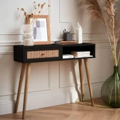 Console Scandinave Effet Bois Et Cannage Couleur : Noir