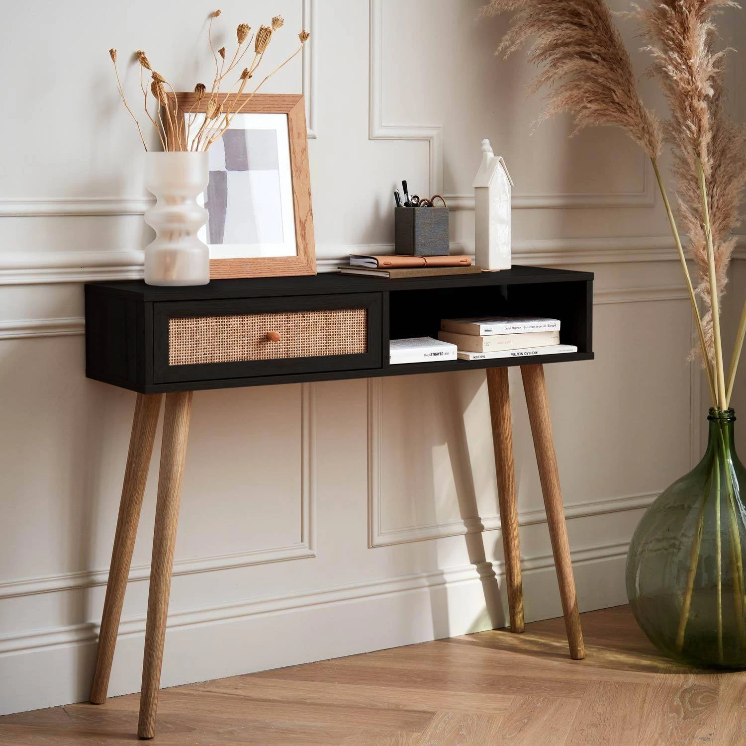 Console Scandinave Effet Bois Et Cannage Couleur : Noir 3 Console Scandinave Effet Bois Et Cannage Couleur : Noir