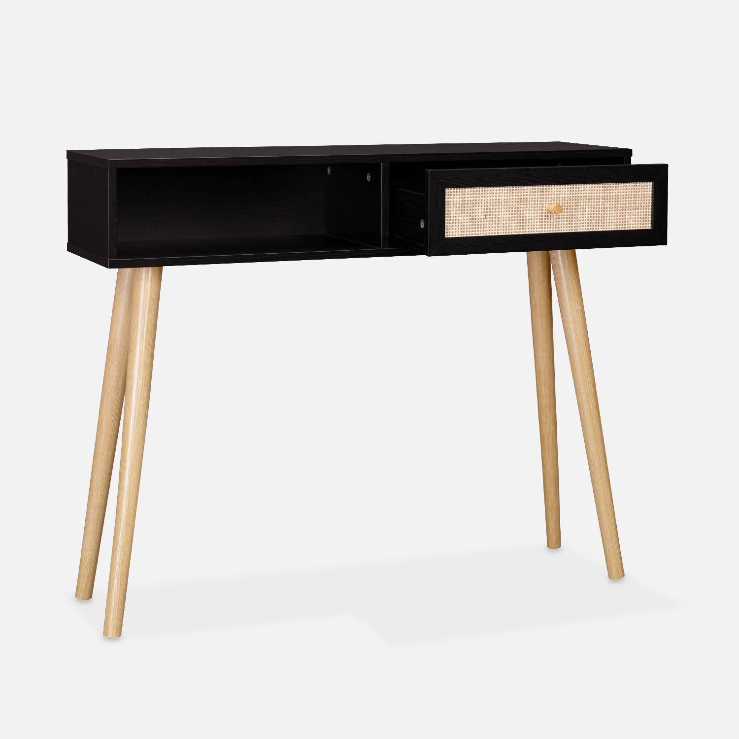 Console Scandinave Effet Bois Et Cannage Couleur : Noir 6 Console Scandinave Effet Bois Et Cannage Couleur : Noir – Image 4