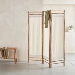 Paravent Pliable Bambou Et Toile Blanche