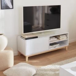 Meuble TV Effet Bois Pieds Bois 1 Tiroir 120 Cm