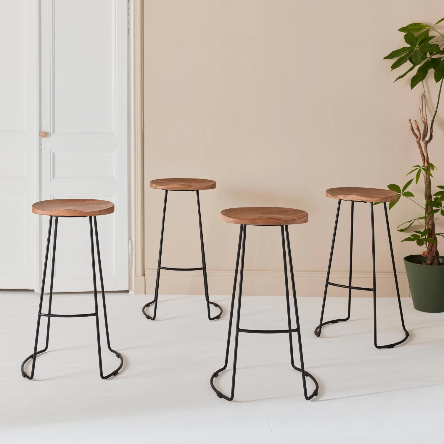 Tabouret De Bar Bois De Manguier Et Acier, Repose Pieds, 75cm (lot De 4) Couleur : Naturel 3 Tabouret De Bar Bois De Manguier Et Acier, Repose Pieds, 75cm (lot De 4) Couleur : Naturel