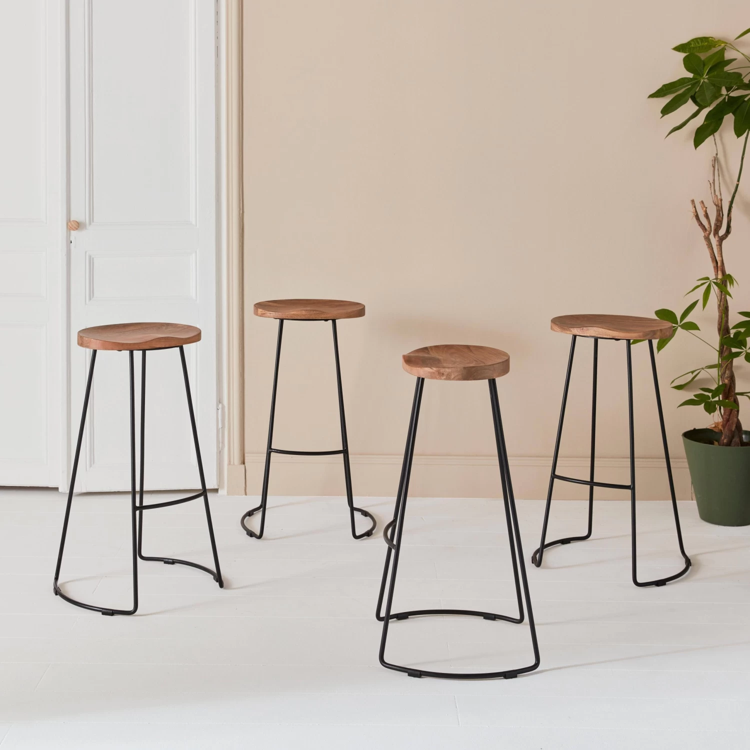 Tabouret De Bar Bois De Manguier Et Acier, Repose Pieds, 75cm (lot De 4) Couleur : Naturel 4 Tabouret De Bar Bois De Manguier Et Acier, Repose Pieds, 75cm (lot De 4) Couleur : Naturel – Image 2