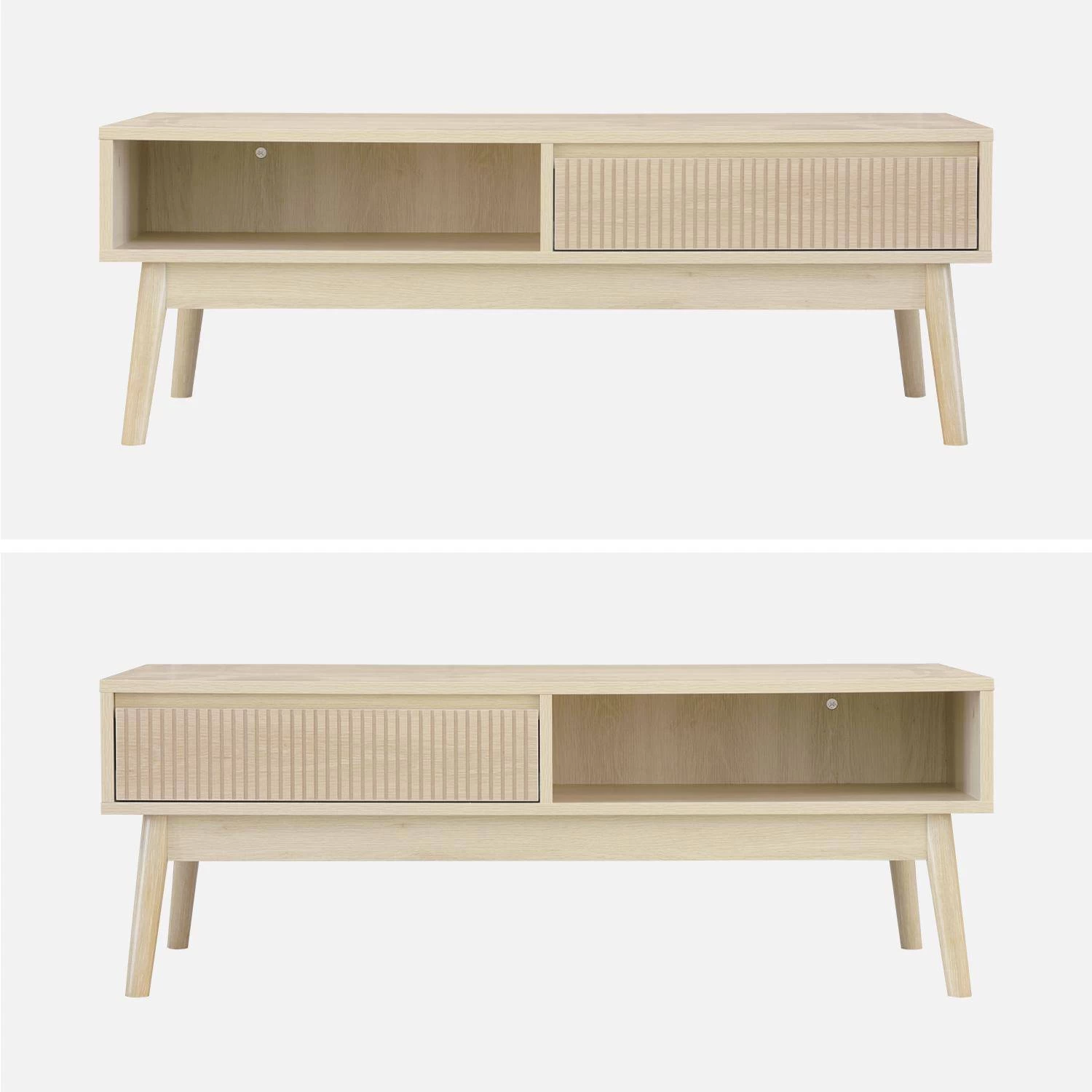 Table Basse Scandinave Décor Bois Rainuré 2 Niches, 1 Tiroir Couleur : Naturel 7 Table Basse Scandinave Décor Bois Rainuré 2 Niches, 1 Tiroir Couleur : Naturel – Image 5