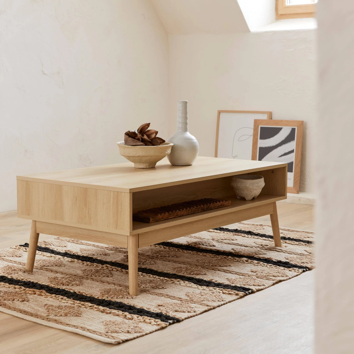 Table Basse Scandinave Décor Bois Rainuré 2 Niches, 1 Tiroir Couleur : Naturel 4 Table Basse Scandinave Décor Bois Rainuré 2 Niches, 1 Tiroir Couleur : Naturel – Image 2