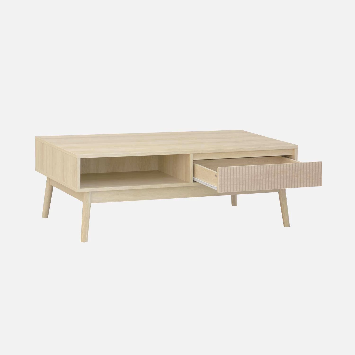 Table Basse Scandinave Décor Bois Rainuré 2 Niches, 1 Tiroir Couleur : Naturel 9 Table Basse Scandinave Décor Bois Rainuré 2 Niches, 1 Tiroir Couleur : Naturel – Image 7
