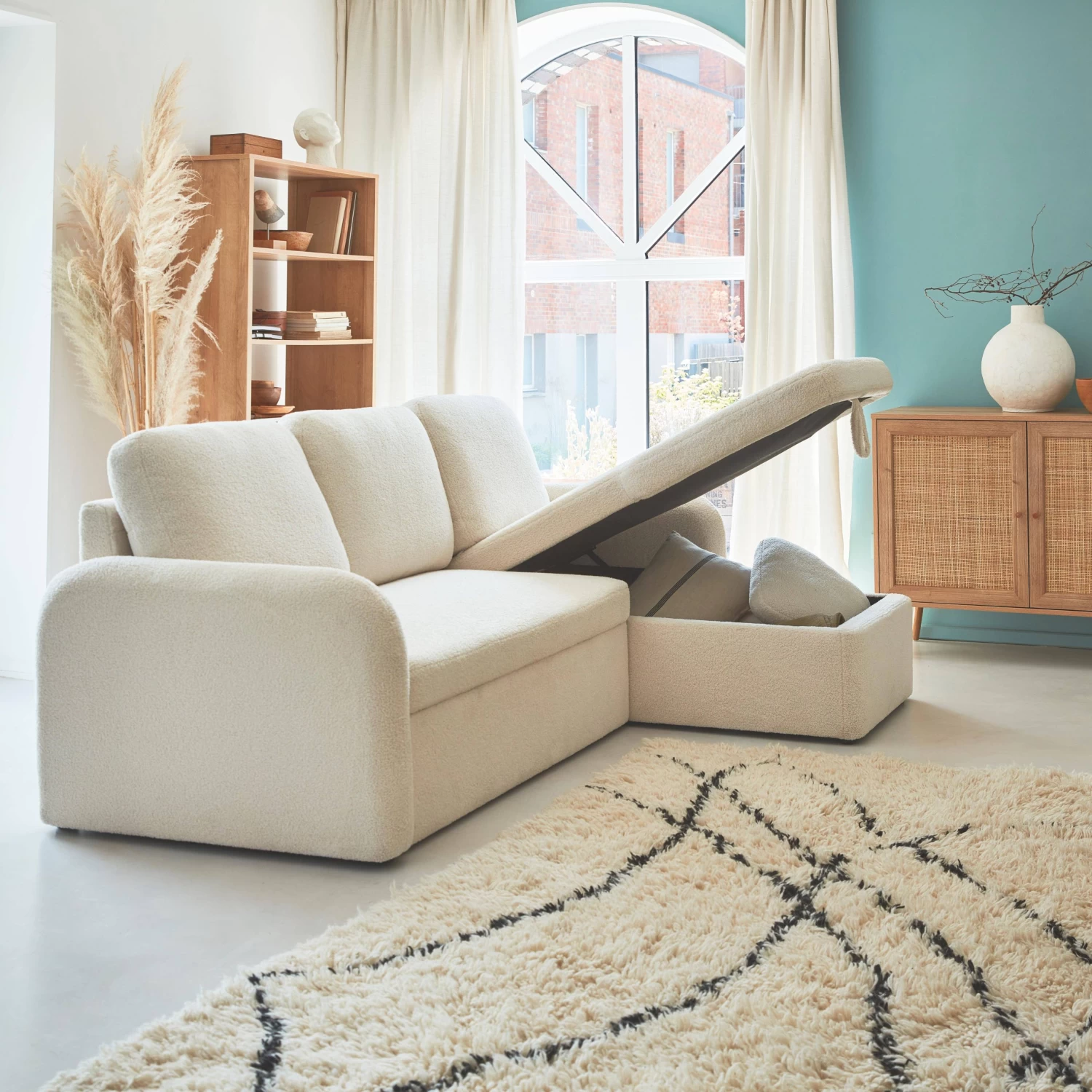 Canapé Convertible 3 Places Bouclettes Blanches, Lignes Arrondies 4 Canapé Convertible 3 Places Bouclettes Blanches, Lignes Arrondies – Image 2