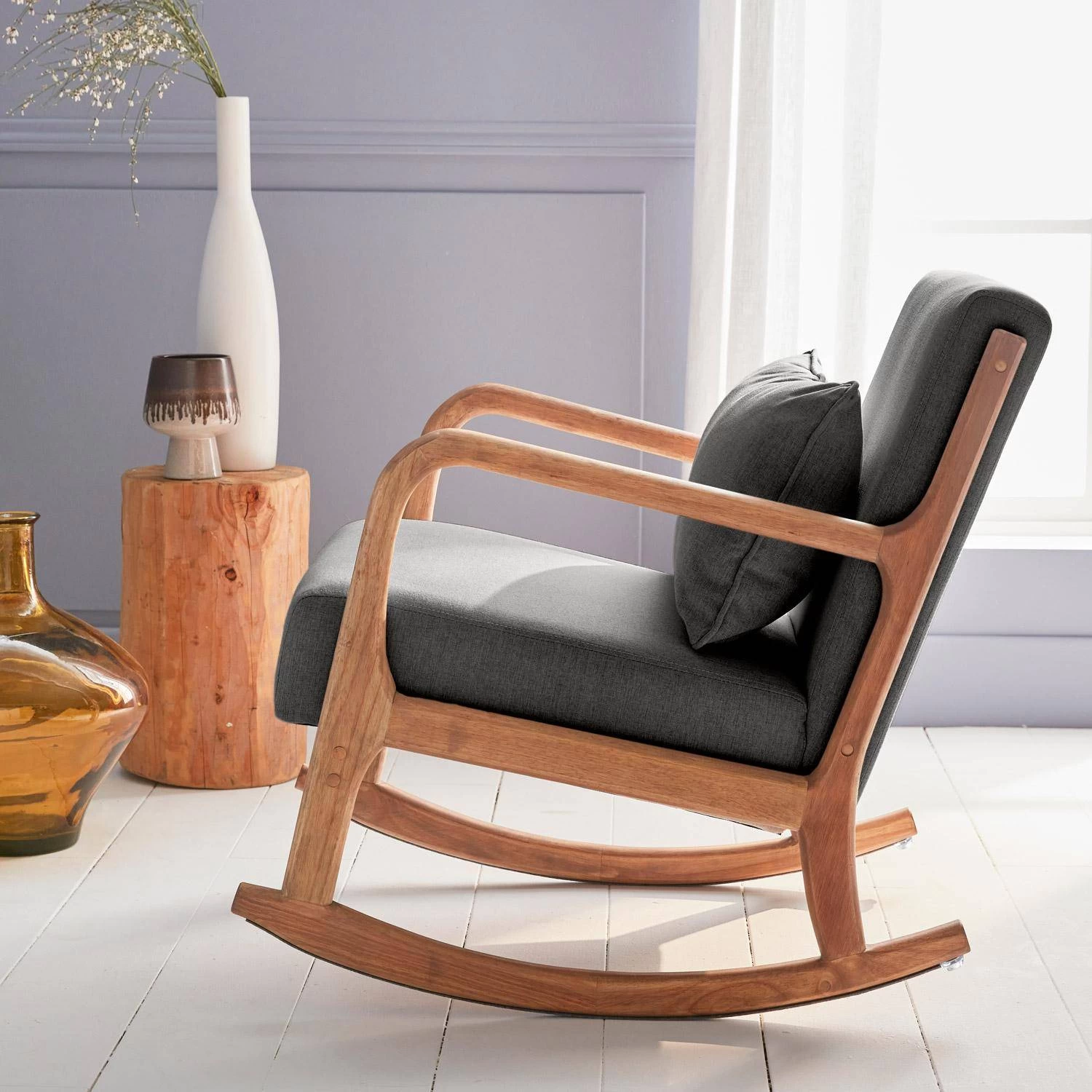 Rocking Chair Scandinave Bois Et Tissu Couleur : Gris Foncé 4 Rocking Chair Scandinave Bois Et Tissu Couleur : Gris Foncé – Image 2