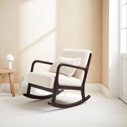 Rocking Chair Scandinave Bouclettes Et Bois D'hévéa Teinté Wengé