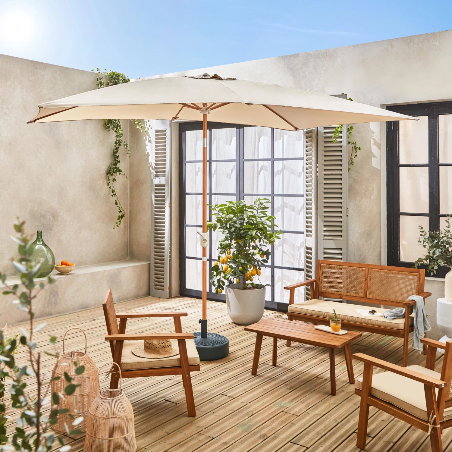 Parasol Rectangulaire 2x3m, Mât Effet Bois Couleur : Sable 3 Parasol Rectangulaire 2x3m, Mât Effet Bois Couleur : Sable