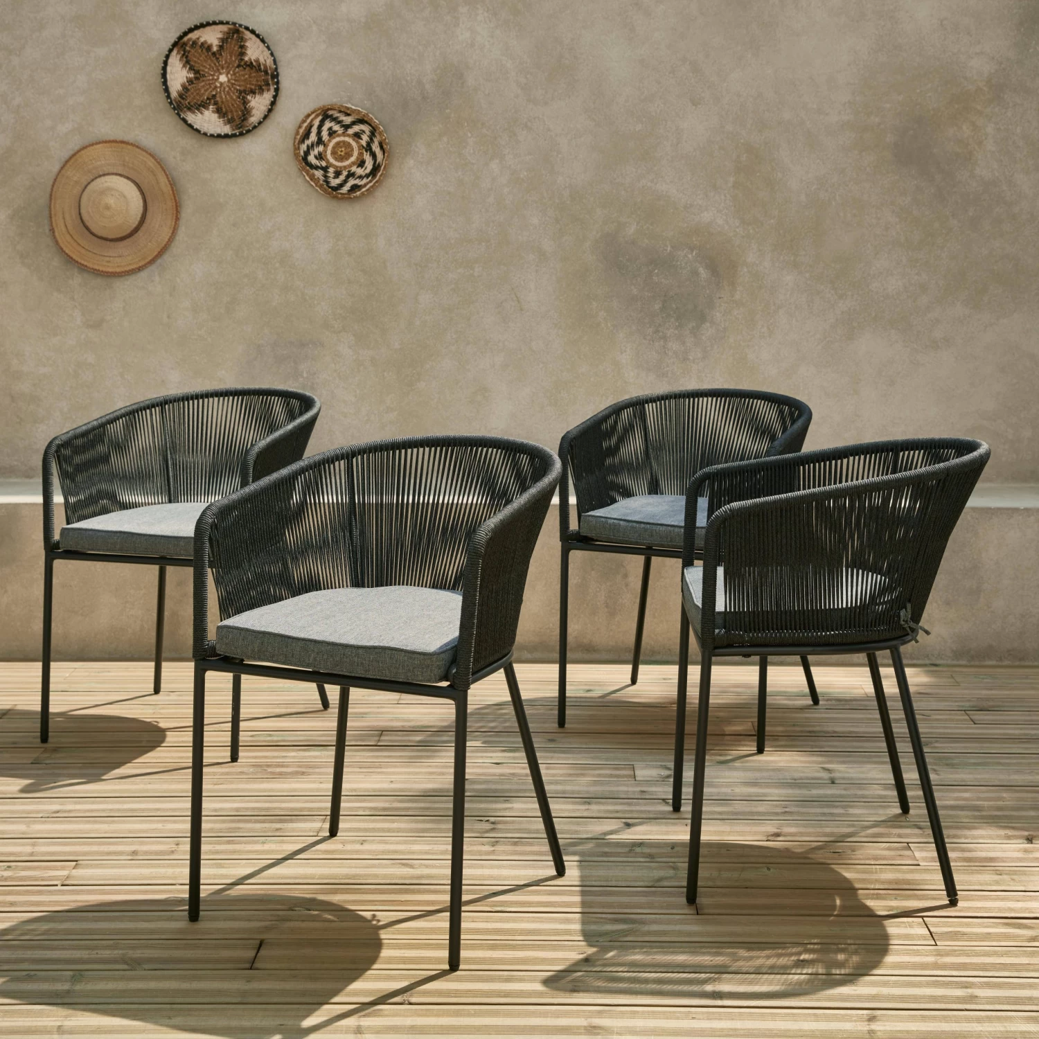 Fauteuil De Jardin Corde Et Acier Galvanisé (lot De 4) Couleur : Noir / Gris 4 Fauteuil De Jardin Corde Et Acier Galvanisé (lot De 4) Couleur : Noir / Gris – Image 2