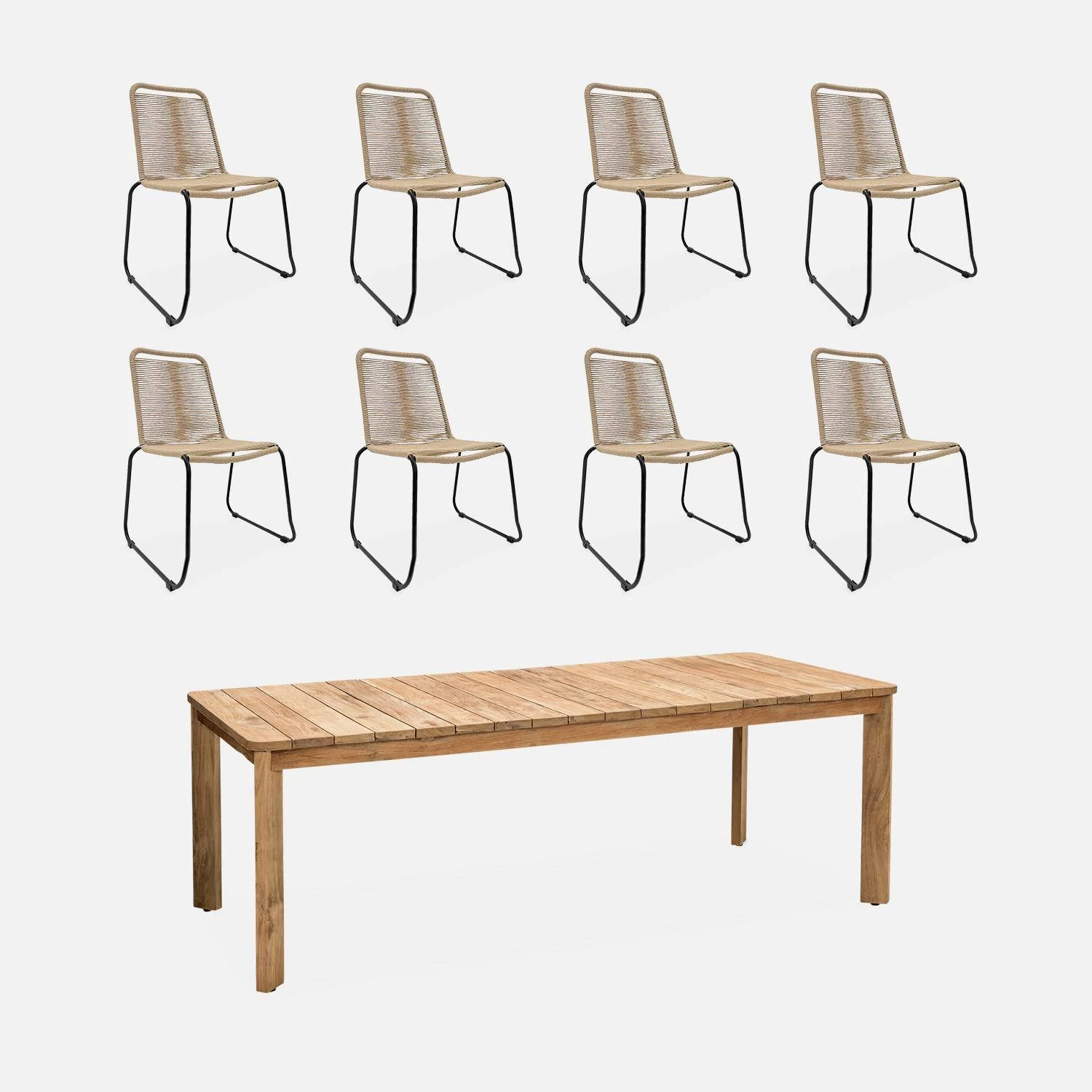 Table Intérieur/extérieur En Teck Recyclé, 220cm + 8 Chaises En Corde Empilables Couleur : Beige 3 Table Intérieur/extérieur En Teck Recyclé, 220cm + 8 Chaises En Corde Empilables Couleur : Beige